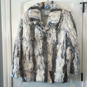 Vintage chic glamorous genuine dyed gray & off white rabbit fur statement coat L